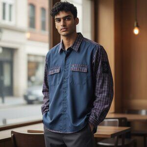 VTG Bugle Boy Large Blue Mixed Plaid Long Sleeve Button Up Collar Shirt Size L